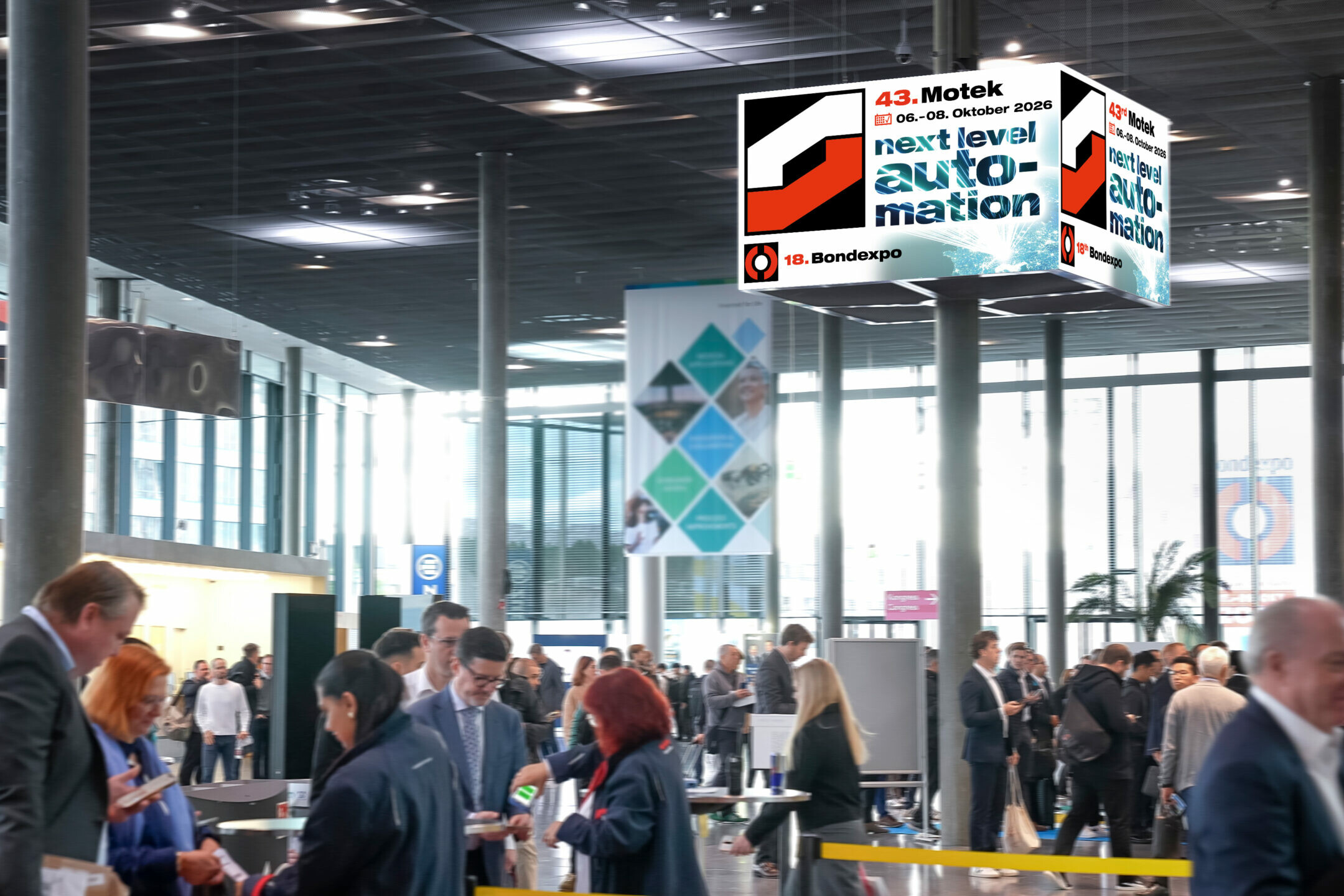 Motek Internationale Fachmesse für Produktions- und Montageautomatisierung Motek Bondexpo Foyer Qube scaled uai